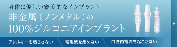 身体に優しい審美的なインプラント。非金属（ノンメタル）の100%ジルコニアインプラント。「アレルギーを起こさない」「電磁波を集めない」「口腔内電流を起こさない」